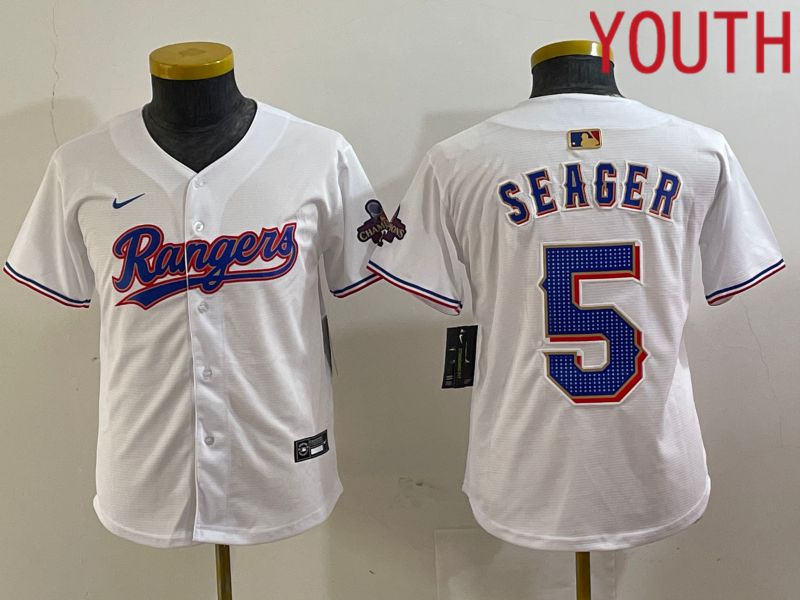 Youth Texas Rangers #5 Seager White Champion Game Nike 2024 MLB Jersey style 1